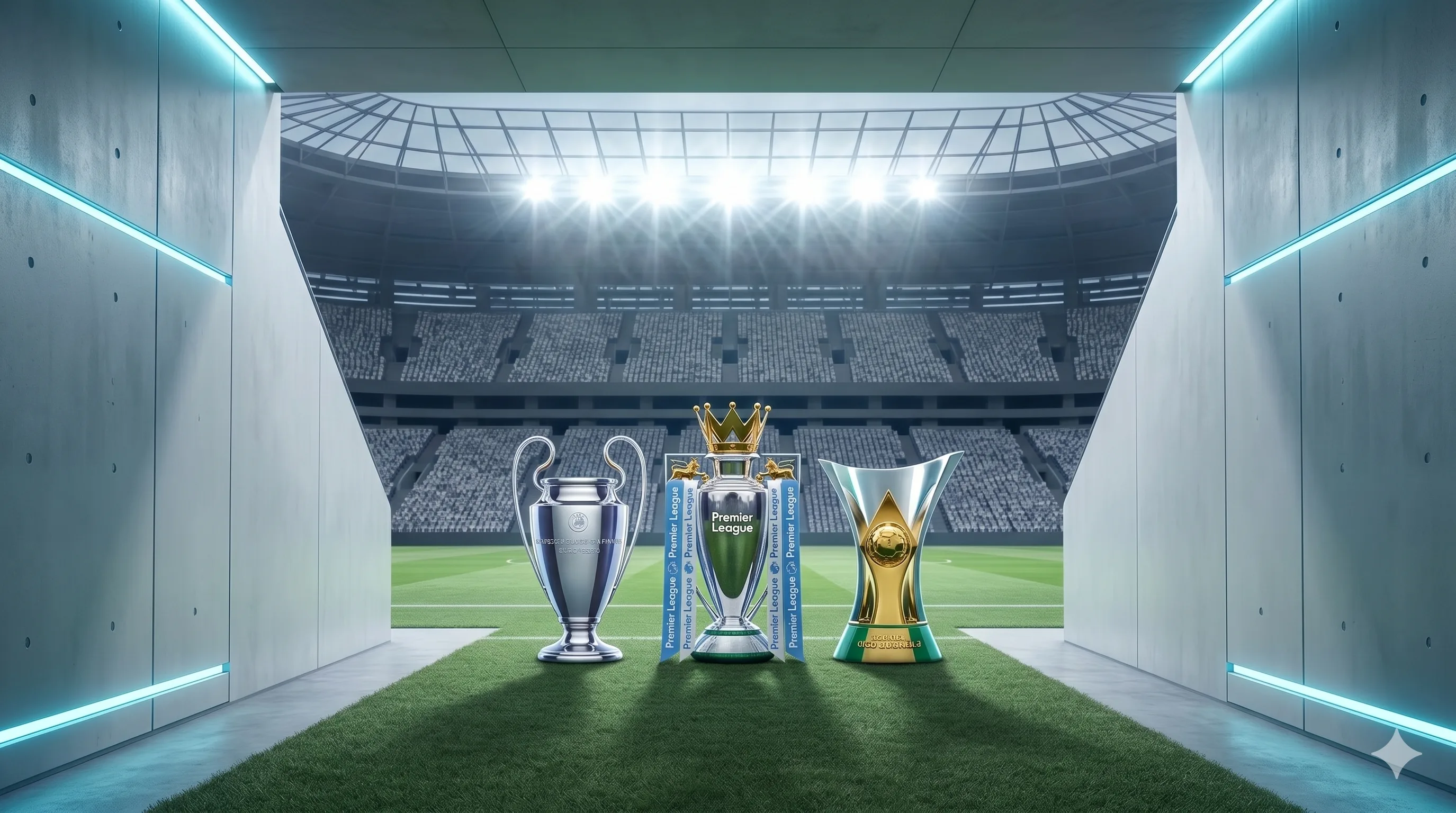 Uma imagem panorâmica capturada do túnel de acesso de um grande estádio de futebol, olhando para o campo verde sob as luzes brilhantes dos refletores. No centro, três grandes e prestigiosos troféus de futebol estão alinhados lado a lado: o troféu da UEFA Champions League (à esquerda), o troféu da Premier League (centro) e o troféu do Campeonato Brasileiro Série A (à direita). Os troféus são feitos de metal brilhante e dourado, cada um com detalhes e gravuras distintas. O túnel é moderno, com paredes de concreto e painéis de LED azuis nas laterais. O estádio ao fundo está vazio, com as arquibancadas escuras. A imagem transmite uma sensação de grandeza e prestígio.